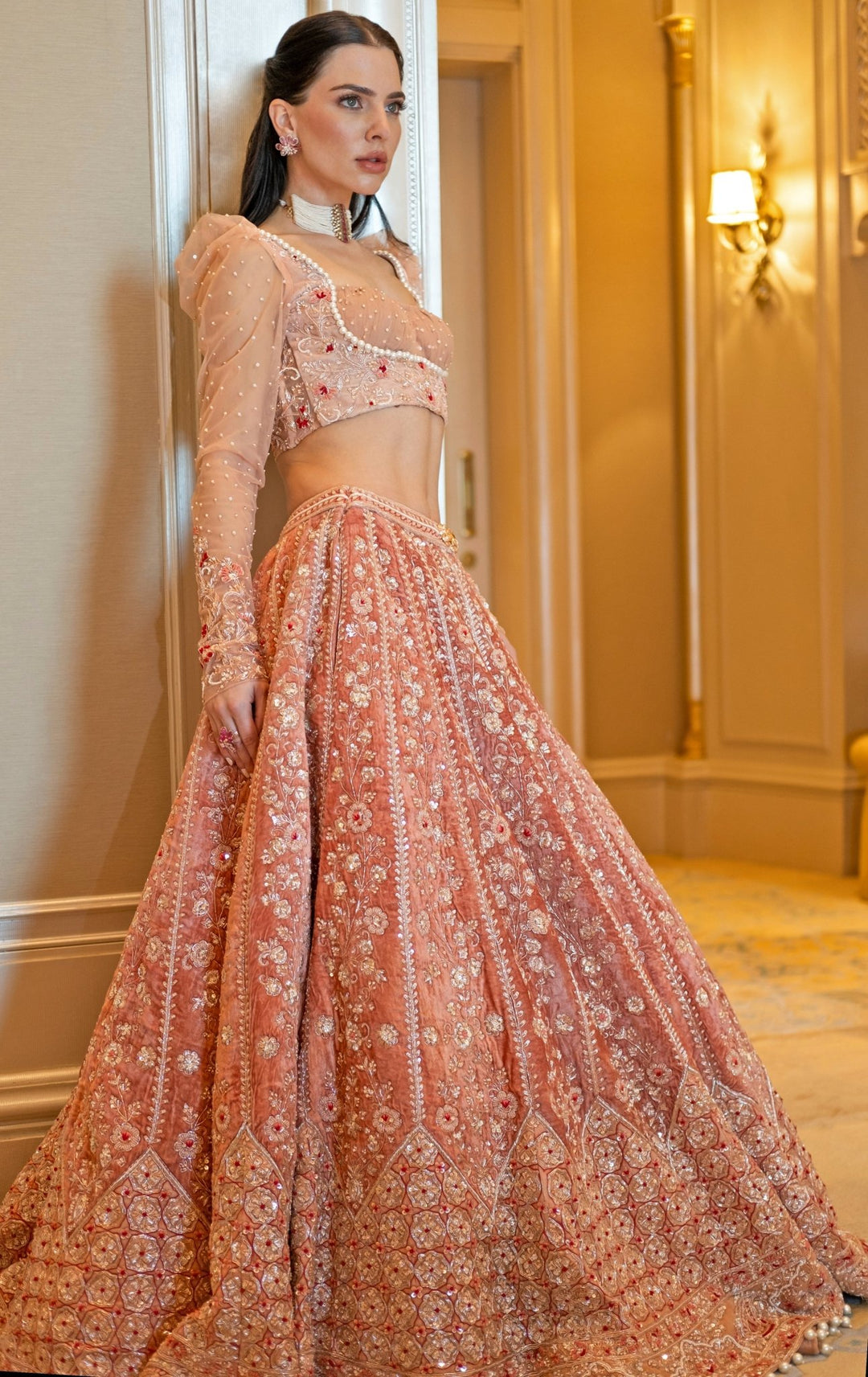 Peach Embroidered Velvet Lehenga Set Jigar and Nikita - Fabilicious Fashion