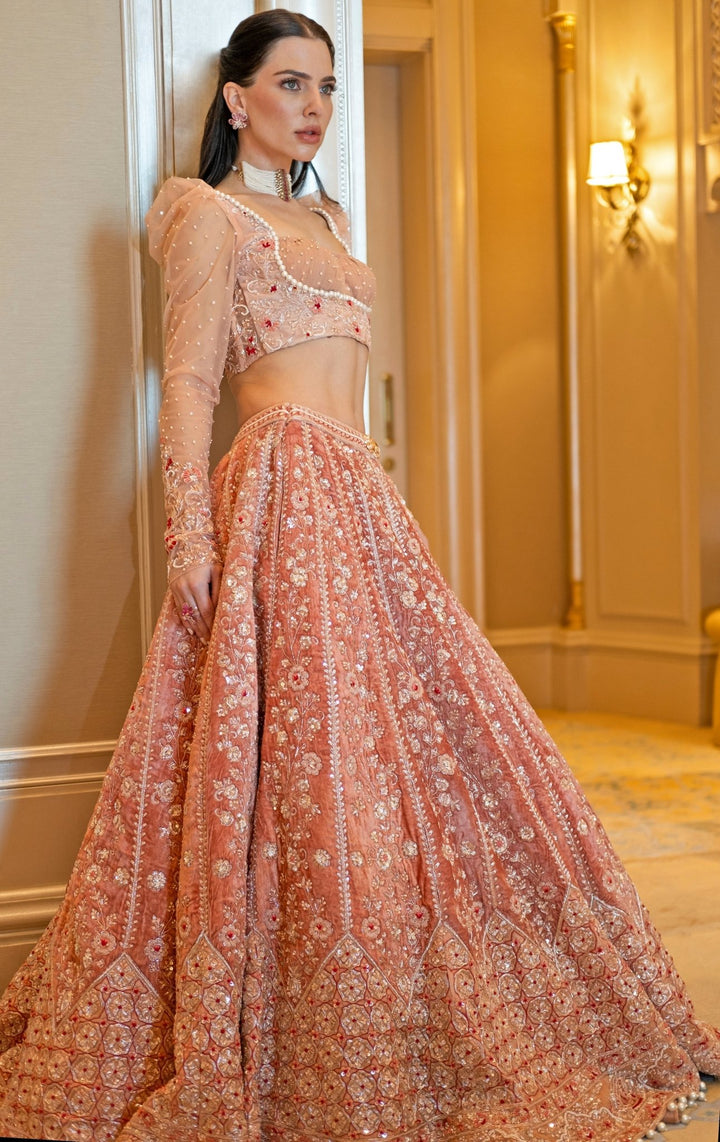 Peach Embroidered Velvet Lehenga Set Jigar and Nikita - Fabilicious Fashion