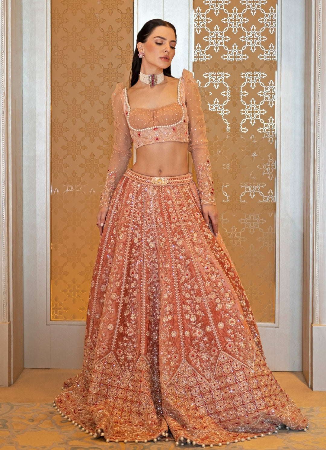 Peach Embroidered Velvet Lehenga Set Jigar and Nikita - Fabilicious Fashion