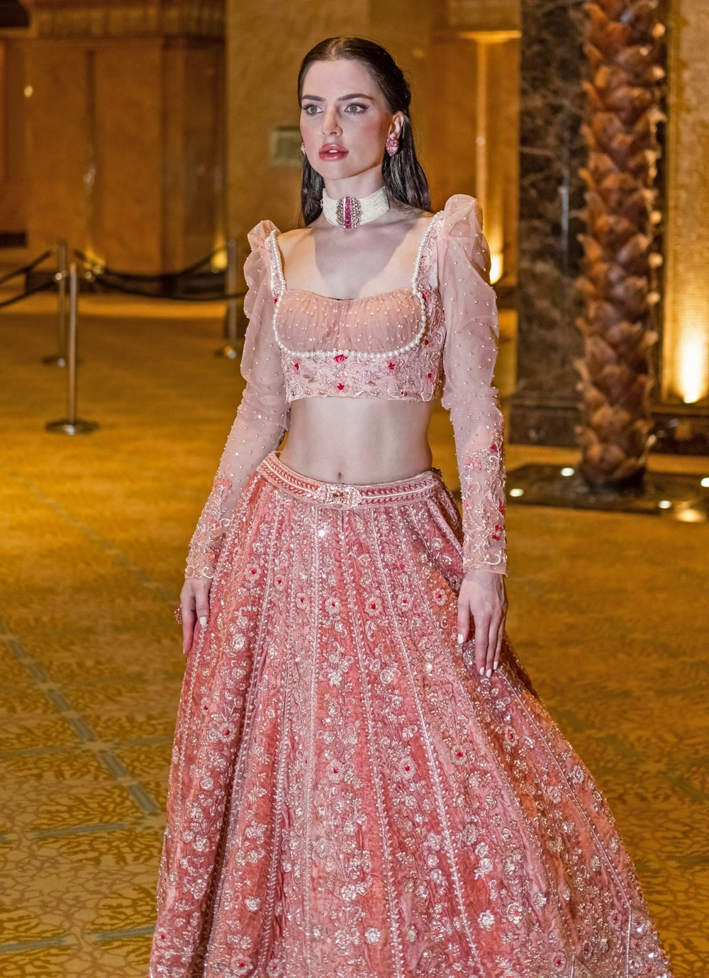 Peach Embroidered Velvet Lehenga Set Jigar and Nikita - Fabilicious Fashion