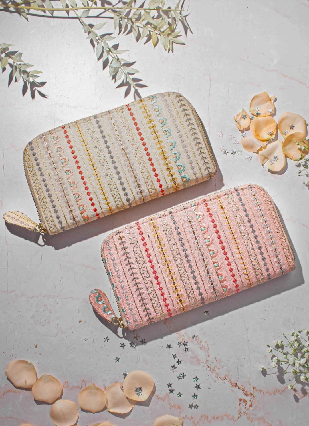 Peach Embroidered Zip Wallet AMYRA - Fabilicious Fashion