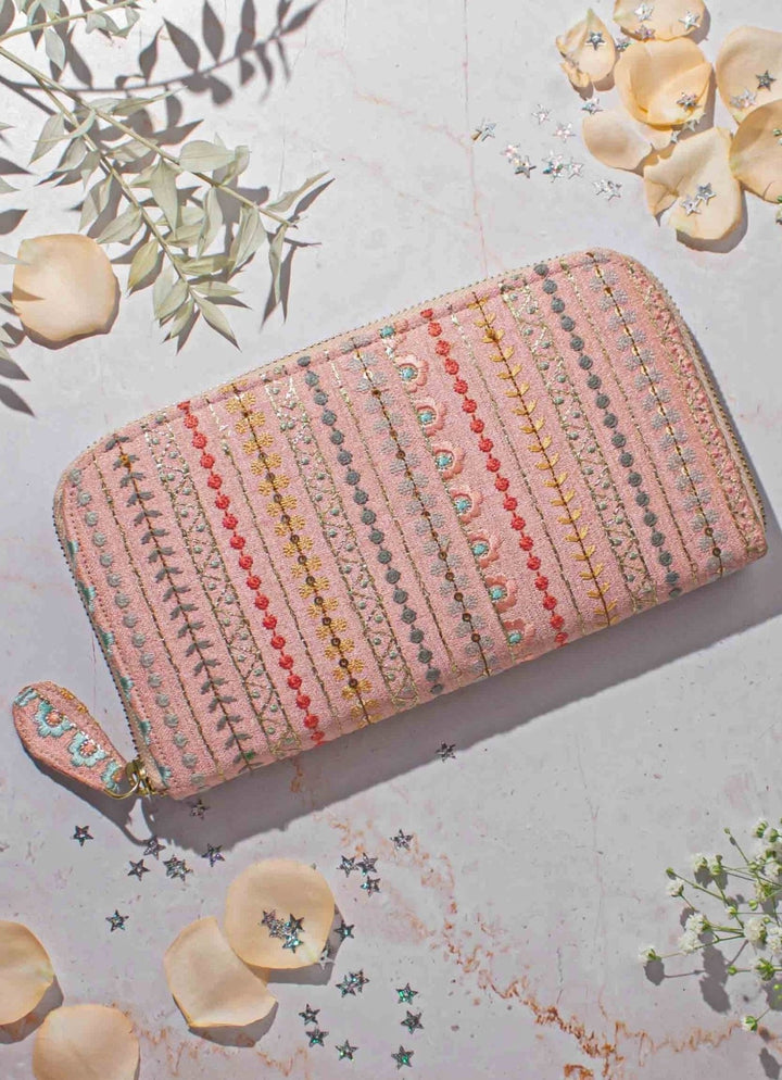 Peach Embroidered Zip Wallet AMYRA - Fabilicious Fashion
