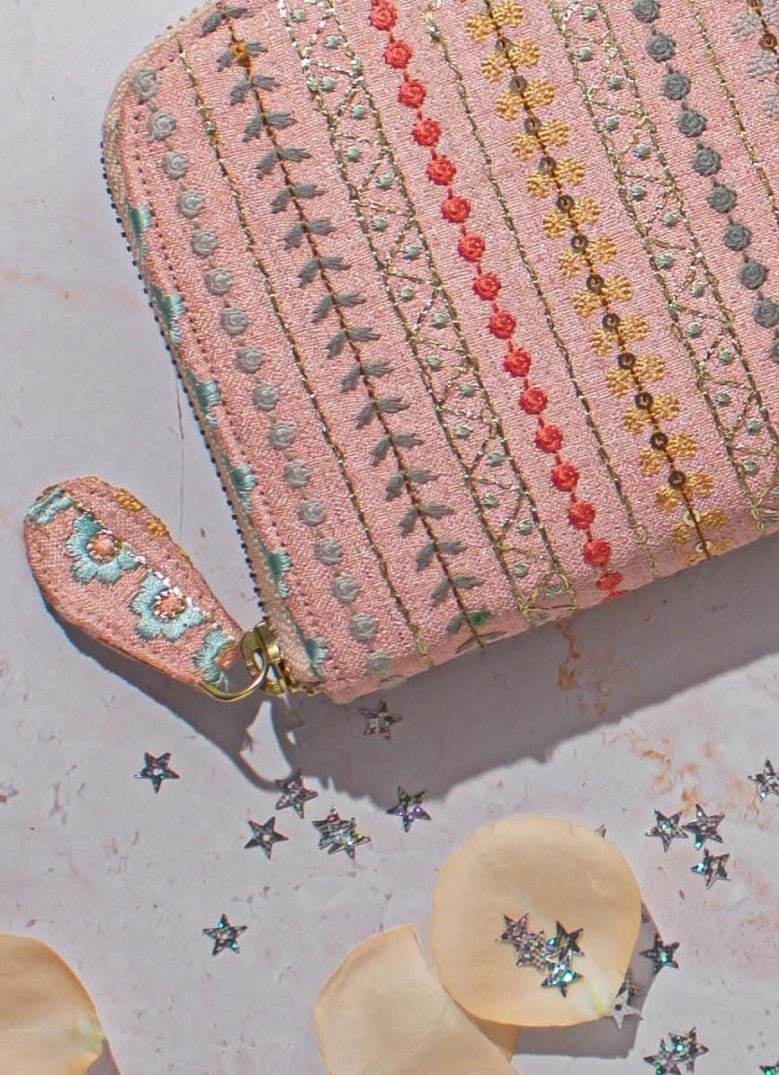 Peach Embroidered Zip Wallet AMYRA - Fabilicious Fashion