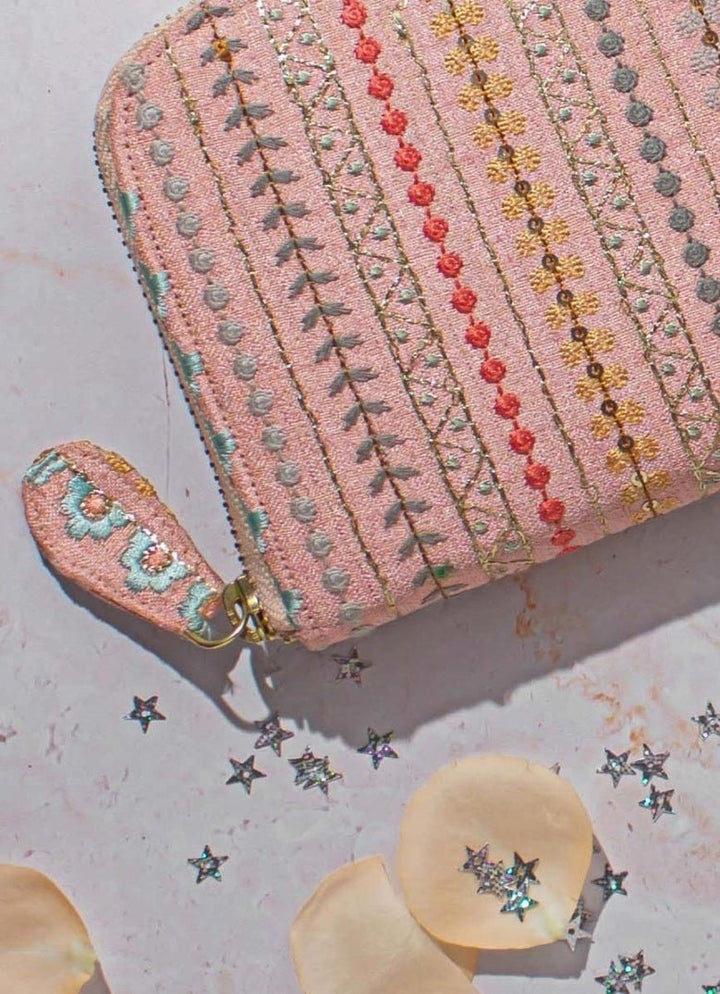 Peach Embroidered Zip Wallet AMYRA - Fabilicious Fashion