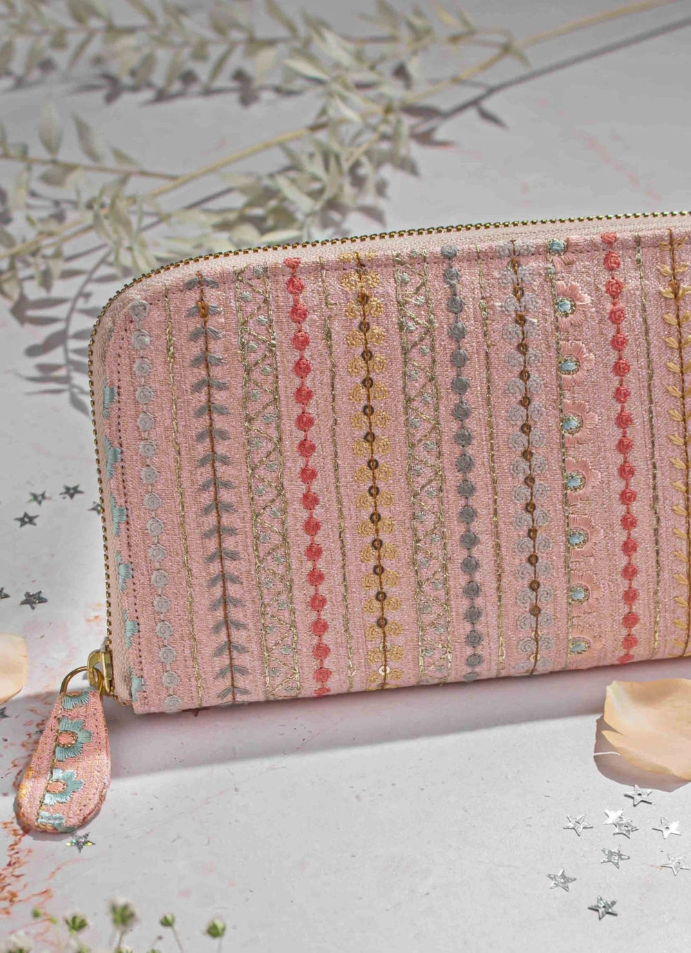 Peach Embroidered Zip Wallet AMYRA - Fabilicious Fashion