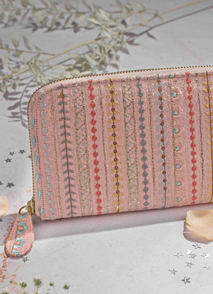 Peach Embroidered Zip Wallet AMYRA - Fabilicious Fashion