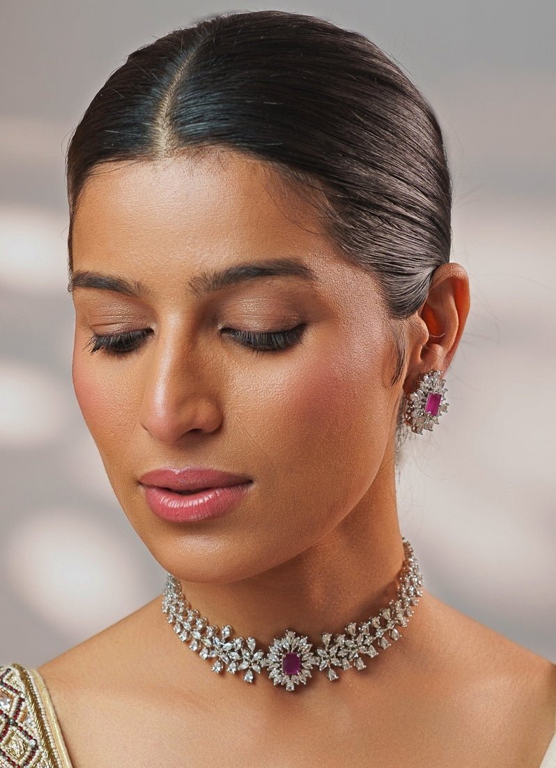 Peach Faux Diamonds Choker Set Zevar by Geeta - Fabilicious Fashion