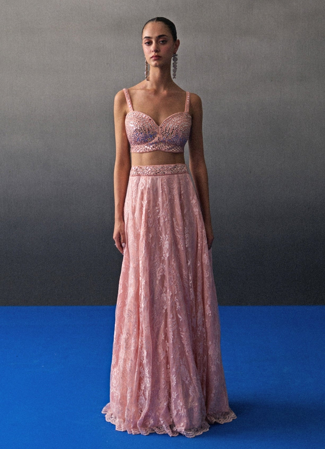 Peach Floral Lace Lehenga Set Angad Singh - Fabilicious Fashion