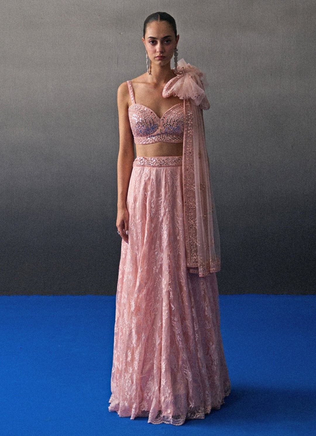 Peach Floral Lace Lehenga Set Angad Singh - Fabilicious Fashion