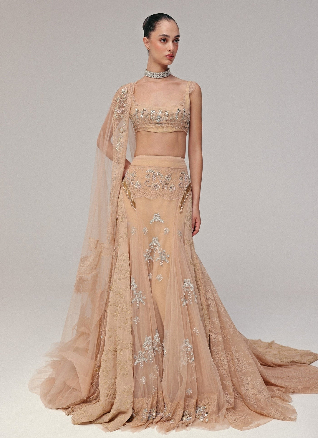 The Little Black Bow Peach Georgette And Soft Net Lehenga SetFabilicious Fashion
