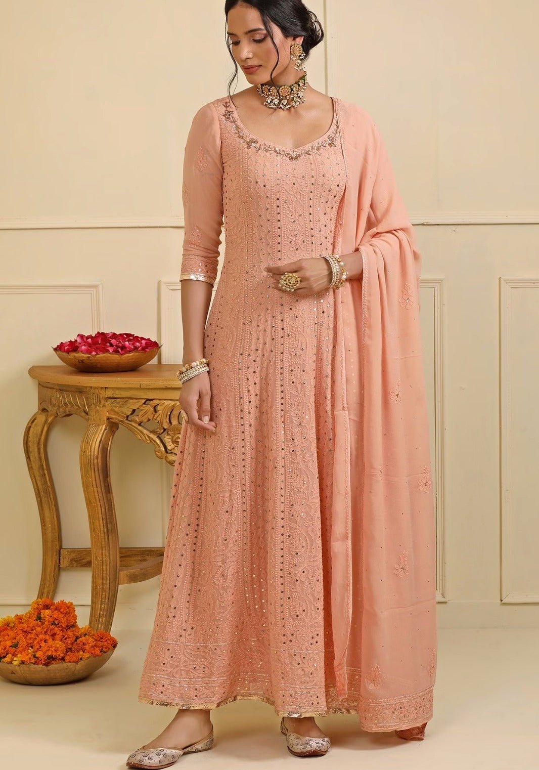 Peach Georgette Chikankari Embellished Anarkali Set Esha Koul - Fabilicious Fashion
