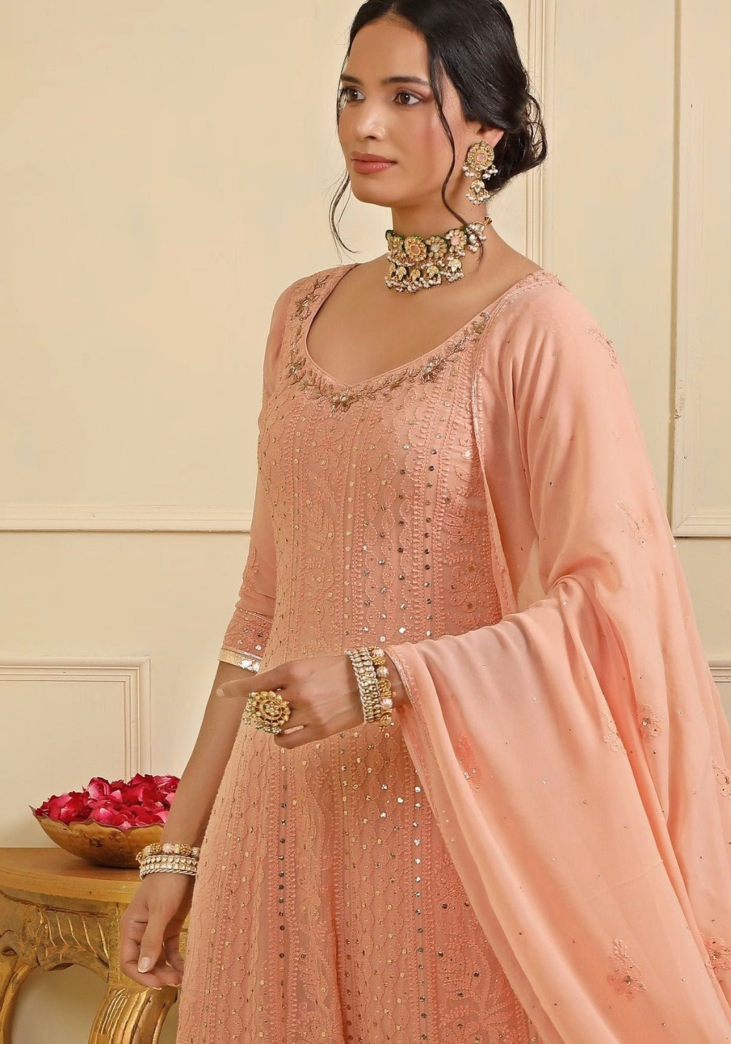Peach Georgette Chikankari Embellished Anarkali Set Esha Koul - Fabilicious Fashion