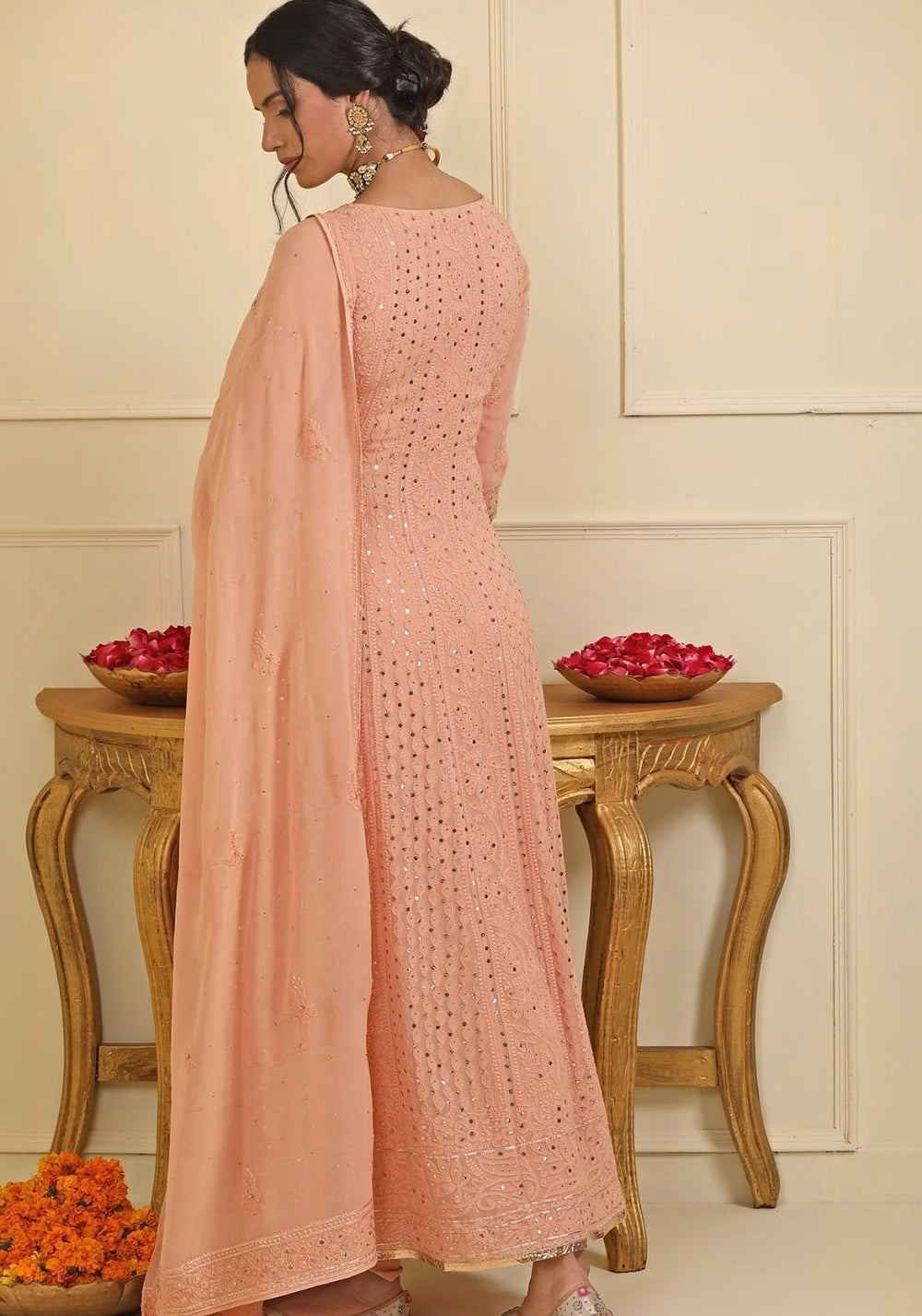 Peach Georgette Chikankari Embellished Anarkali Set Esha Koul - Fabilicious Fashion