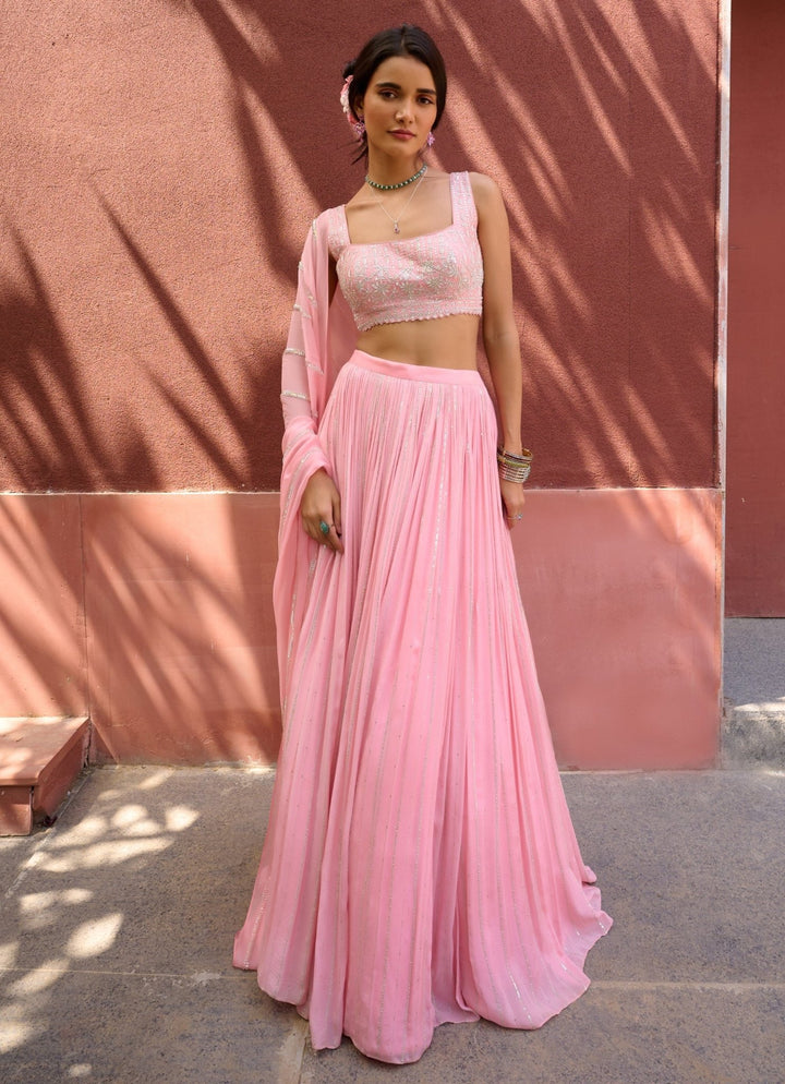 Peach Georgette Embellished Lehenga set Chamee and Palak - Fabilicious Fashion