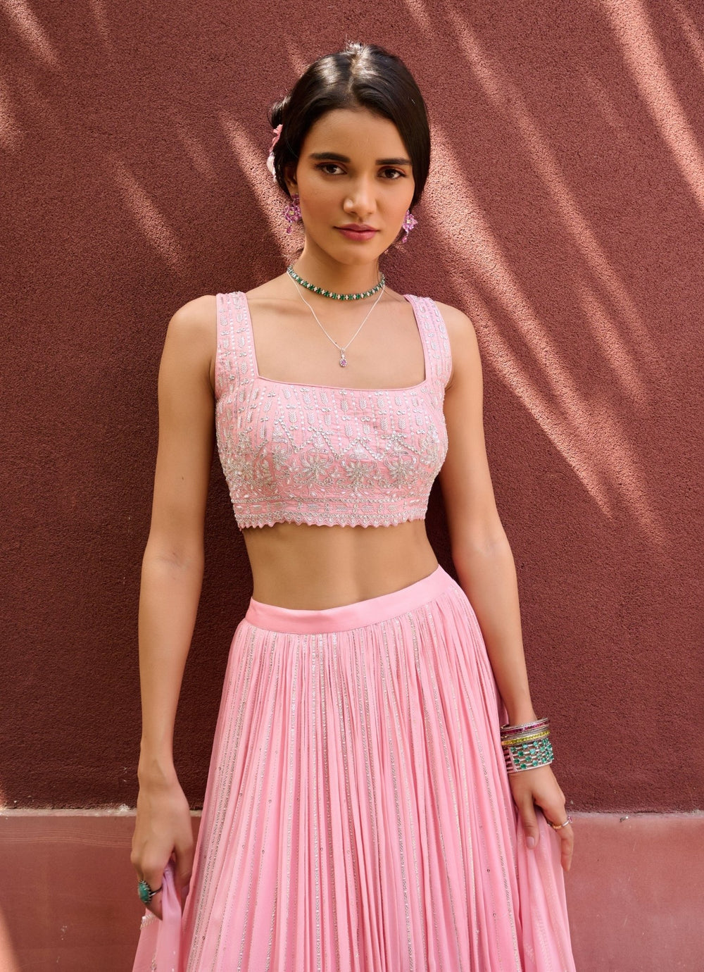 Peach Georgette Embellished Lehenga set Chamee and Palak - Fabilicious Fashion