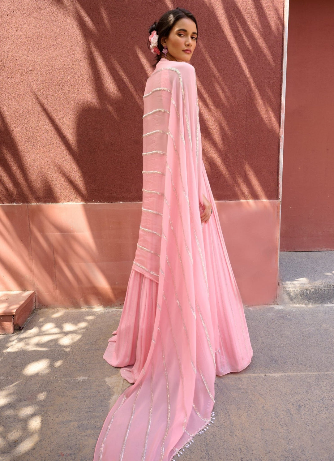 Peach Georgette Embellished Lehenga set Chamee and Palak - Fabilicious Fashion