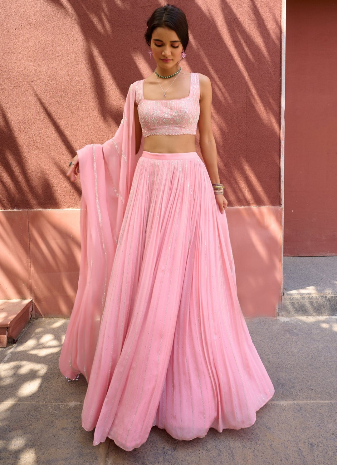 Peach Georgette Embellished Lehenga set Chamee and Palak - Fabilicious Fashion