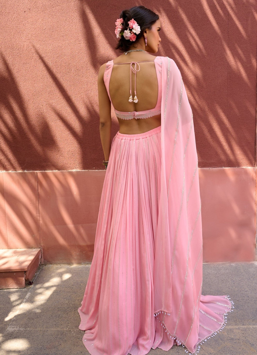 Peach Georgette Embellished Lehenga set Chamee and Palak - Fabilicious Fashion