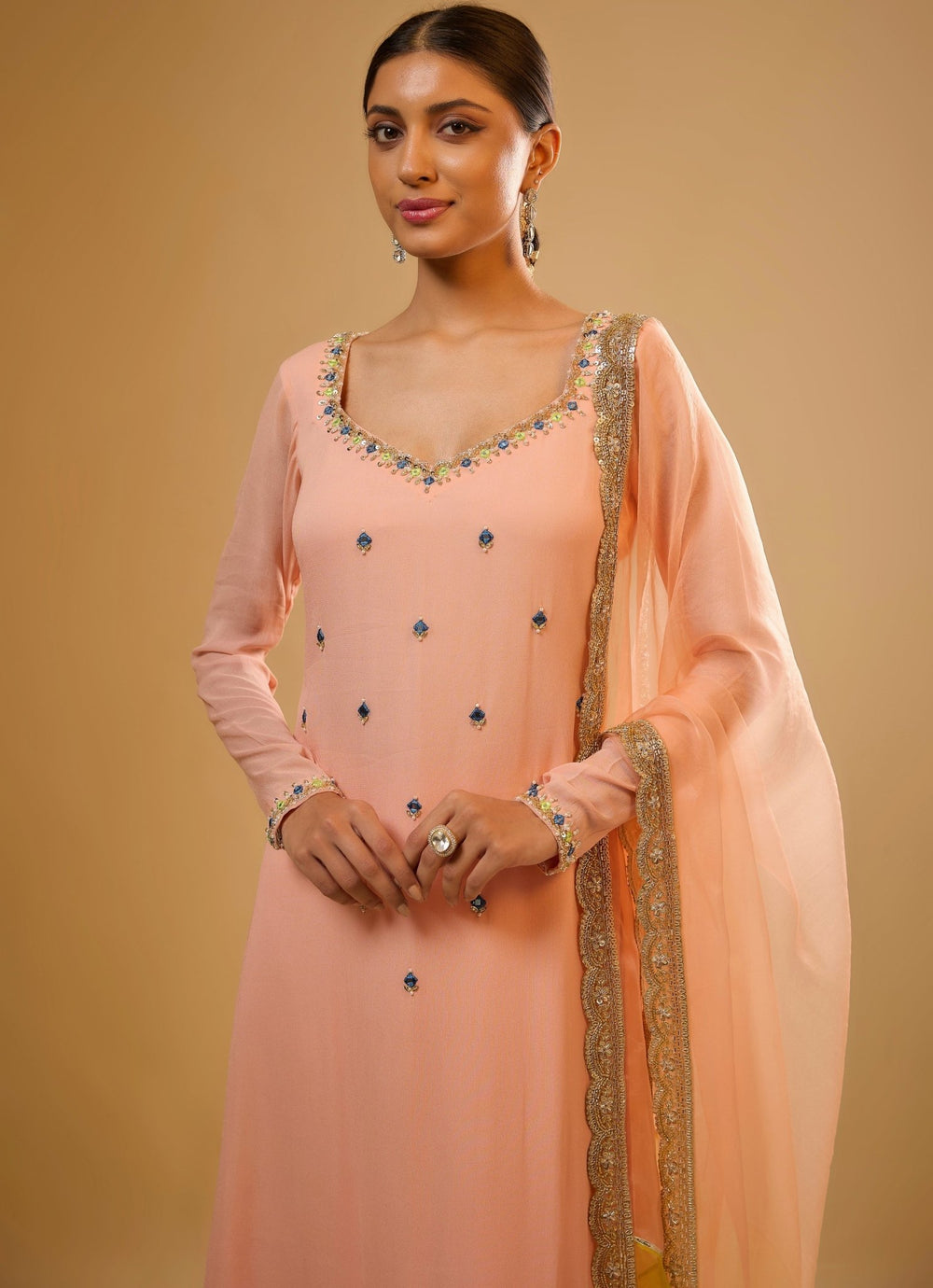 Peach Georgette Kurta Pants Set Renee Label - Fabilicious Fashion