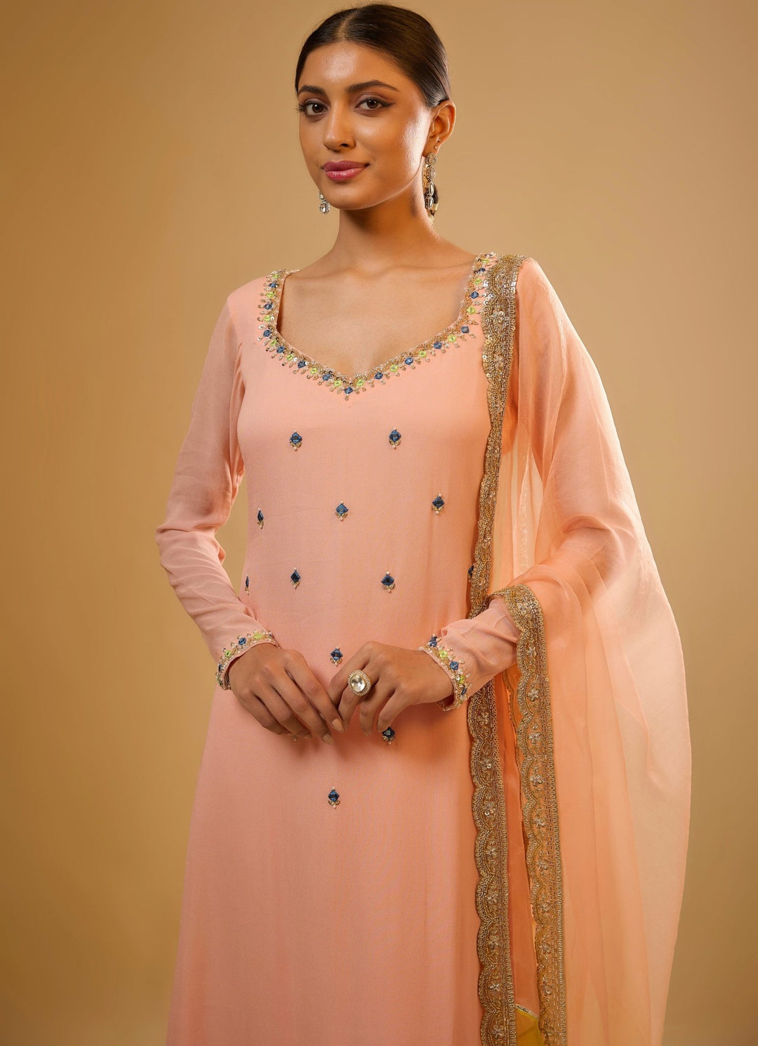 Peach Georgette Kurta Pants Set Renee Label - Fabilicious Fashion