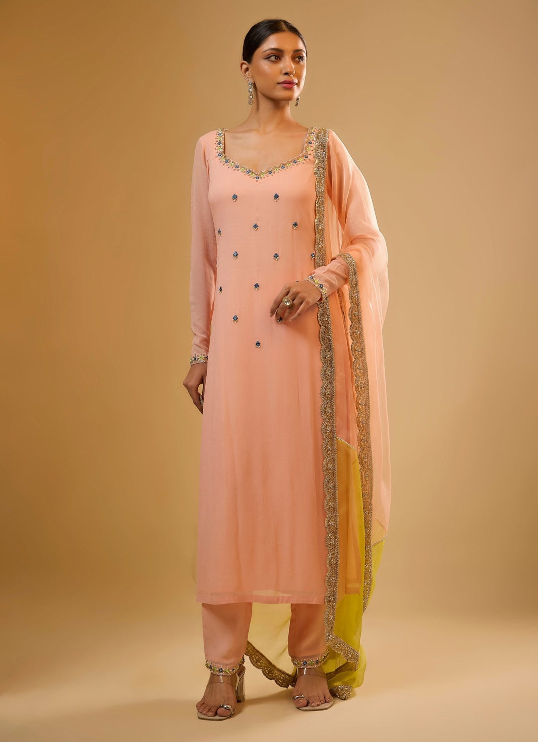 Peach Georgette Kurta Pants Set Renee Label - Fabilicious Fashion