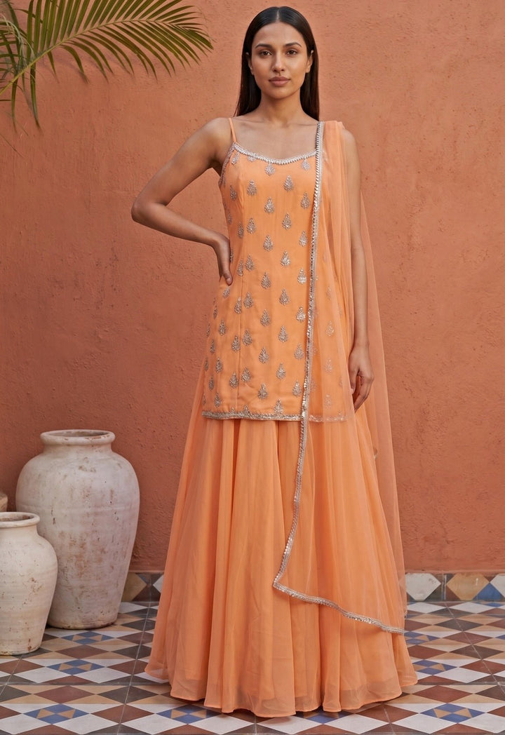 Peach Georgette Kurta Sharara Set Anisha Shetty - Fabilicious Fashion