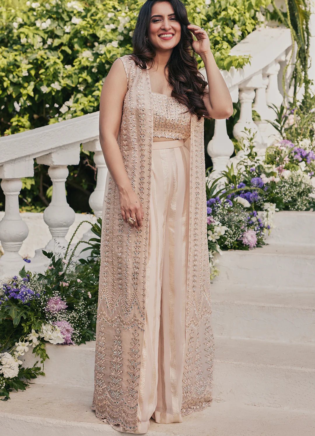 Peach Gold Embroidered Pant Jacket Set Chamee and Palak - Fabilicious Fashion