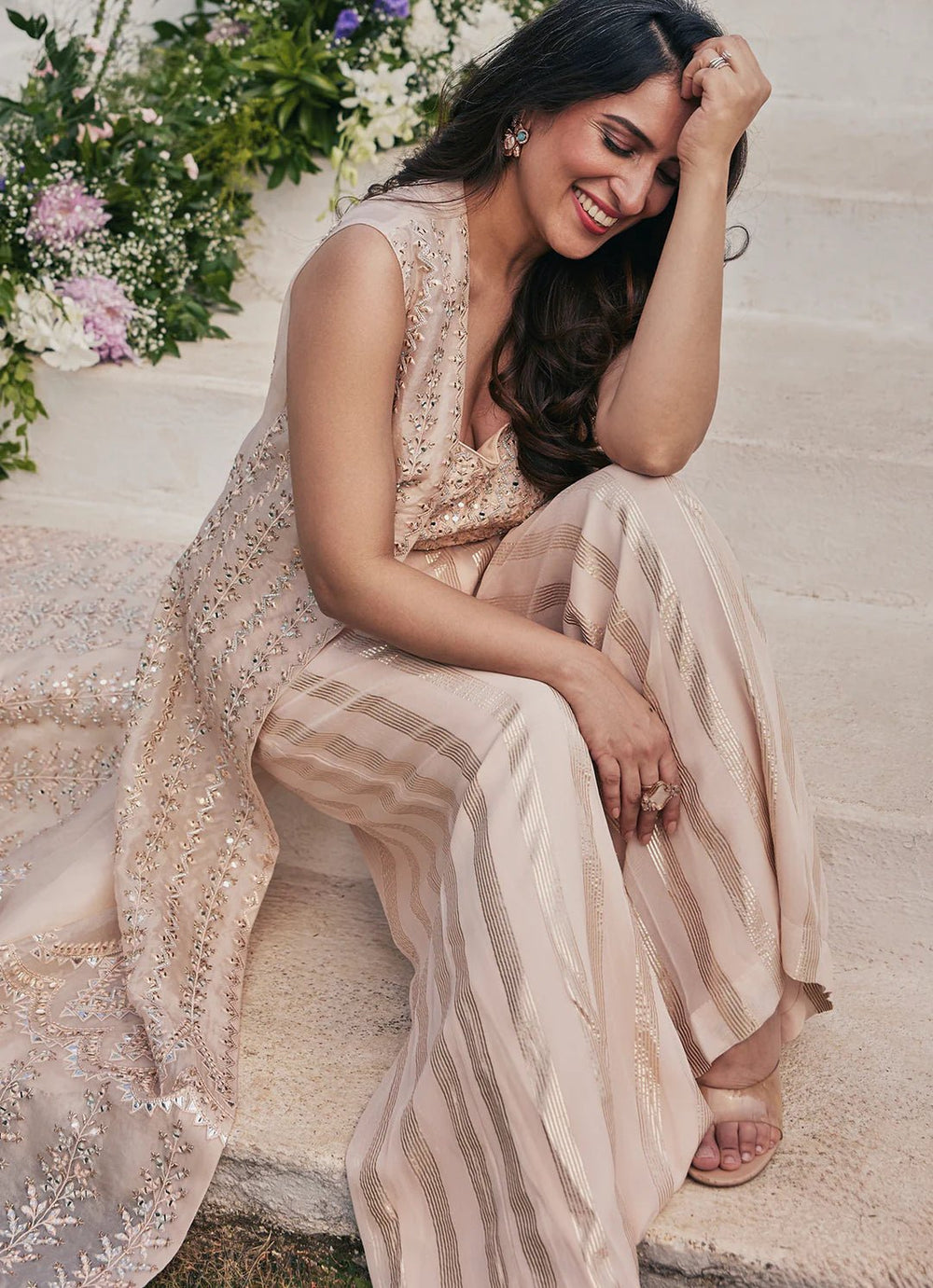 Peach Gold Embroidered Pant Jacket Set Chamee and Palak - Fabilicious Fashion