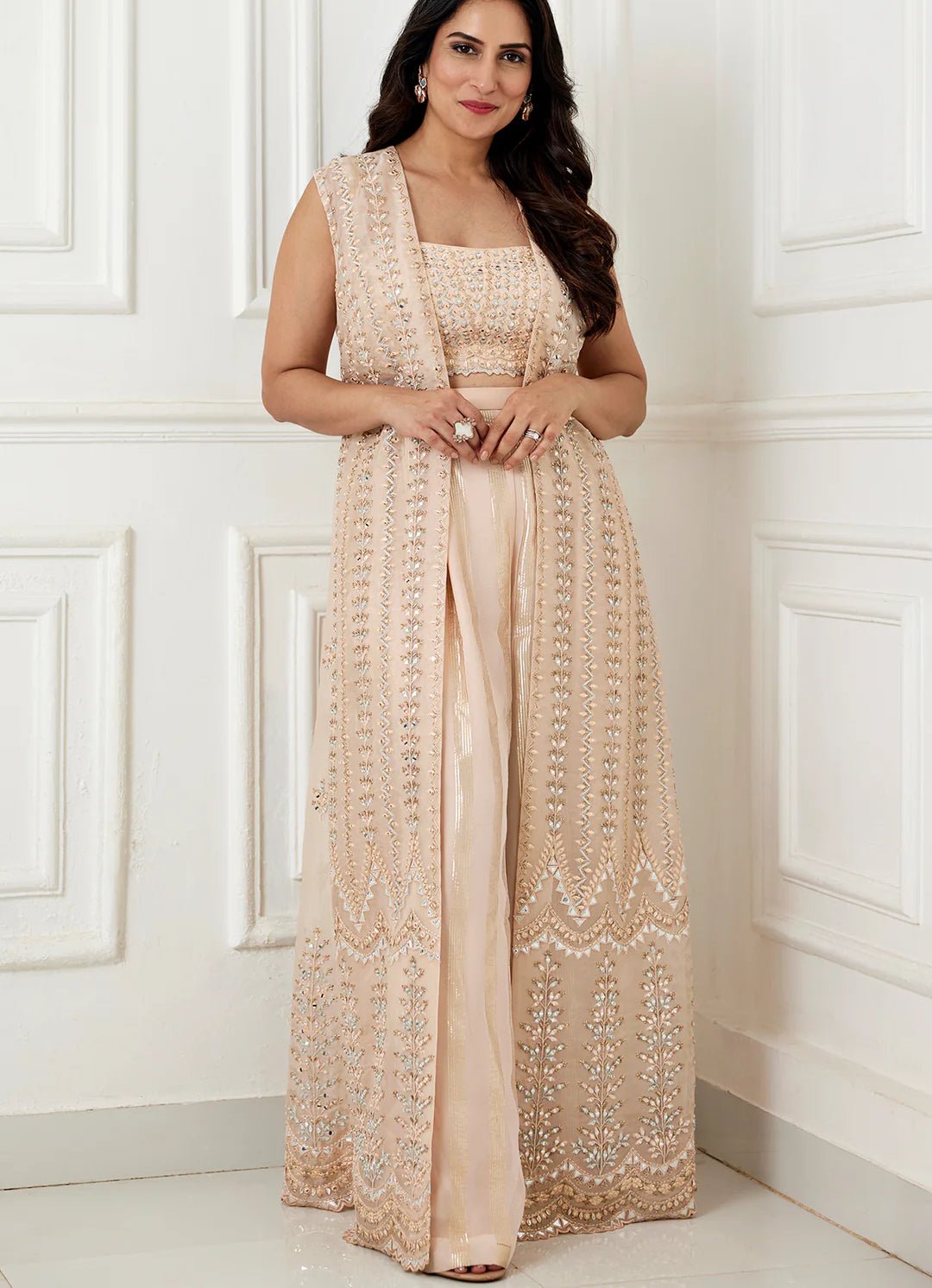Peach Gold Embroidered Pant Jacket Set Chamee and Palak - Fabilicious Fashion