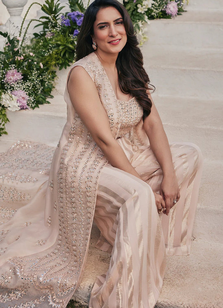 Peach Gold Embroidered Pant Jacket Set Chamee and Palak - Fabilicious Fashion