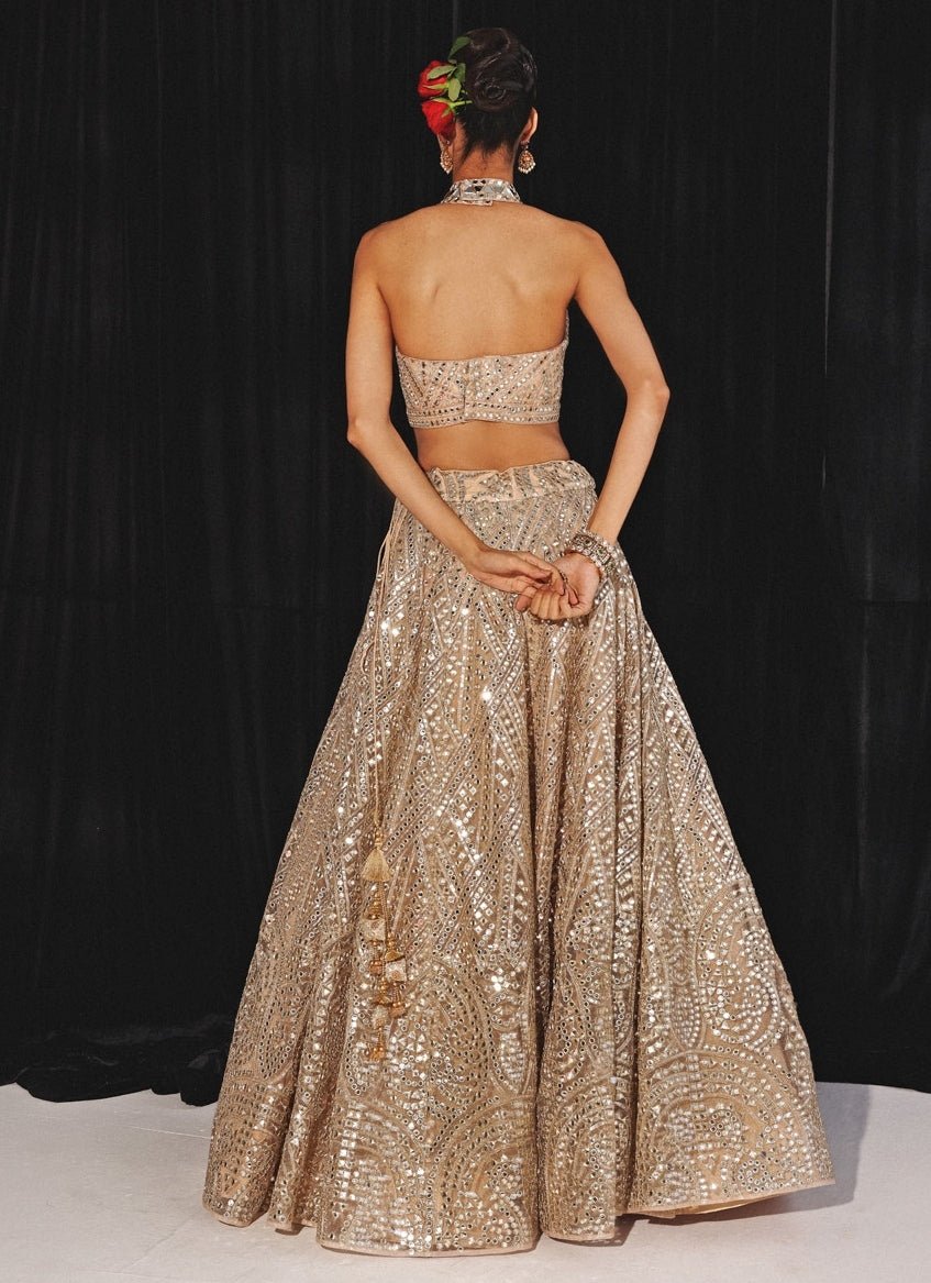 Peach Gold Mirrorwork Lehenga Set With Halter Blouse Twenty Nine - Fabilicious Fashion