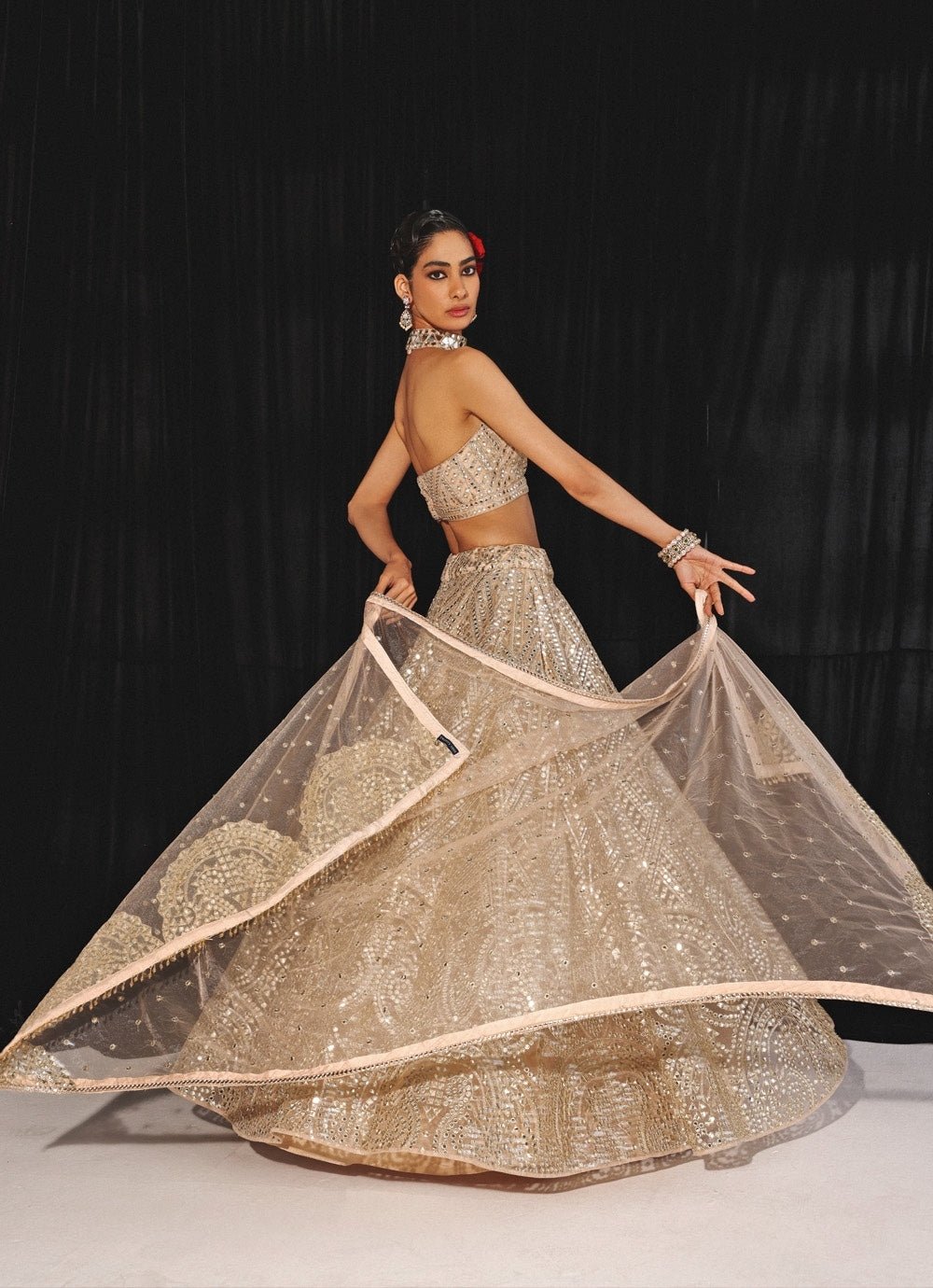 Peach Gold Mirrorwork Lehenga Set With Halter Blouse Twenty Nine - Fabilicious Fashion