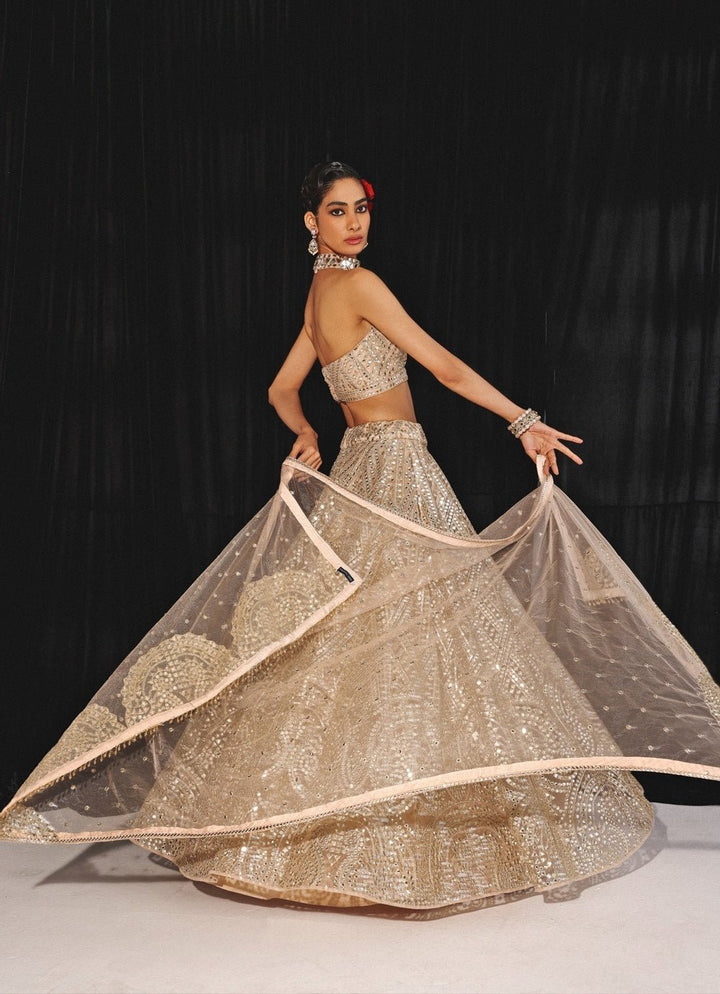 Peach Gold Mirrorwork Lehenga Set With Halter Blouse Twenty Nine - Fabilicious Fashion