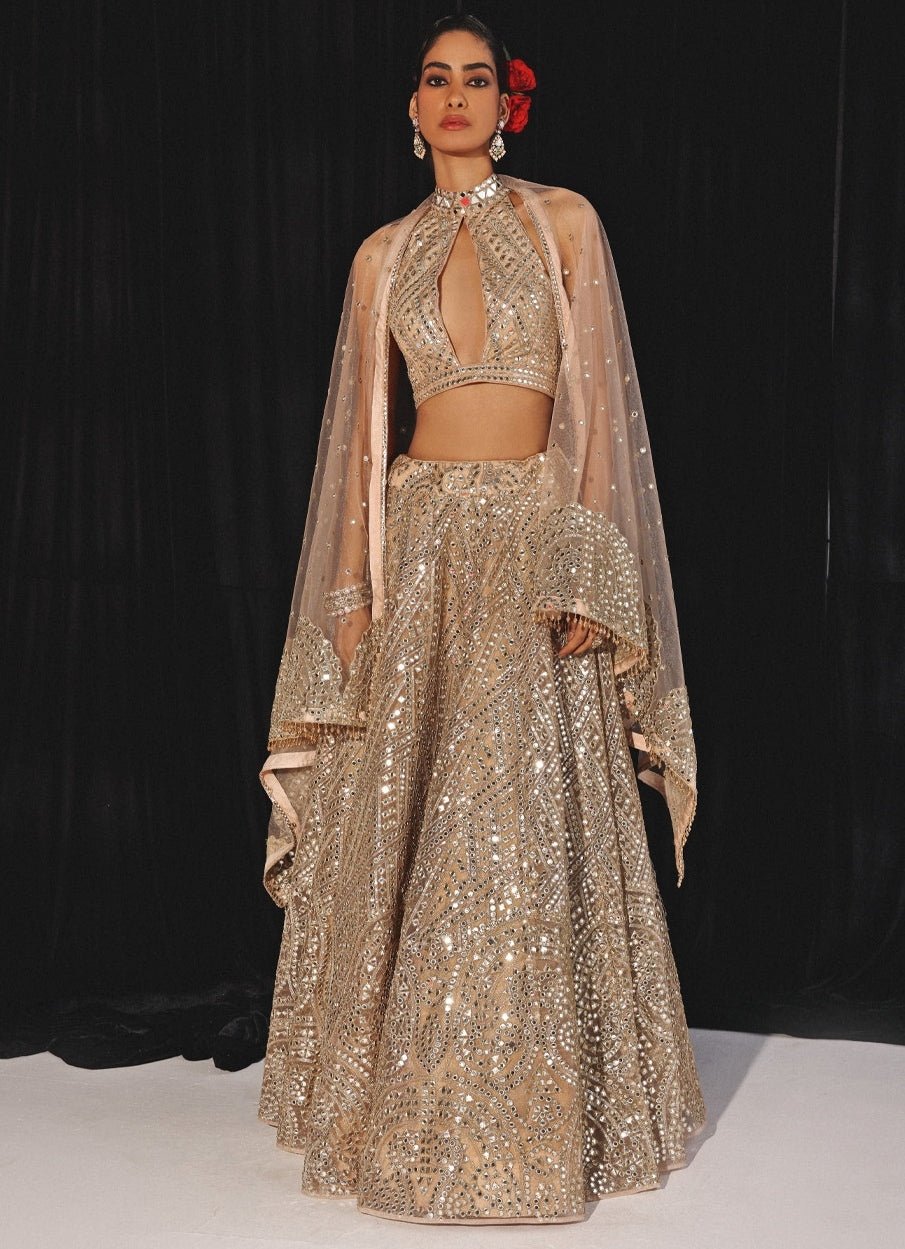 Peach Gold Mirrorwork Lehenga Set With Halter Blouse Twenty Nine - Fabilicious Fashion