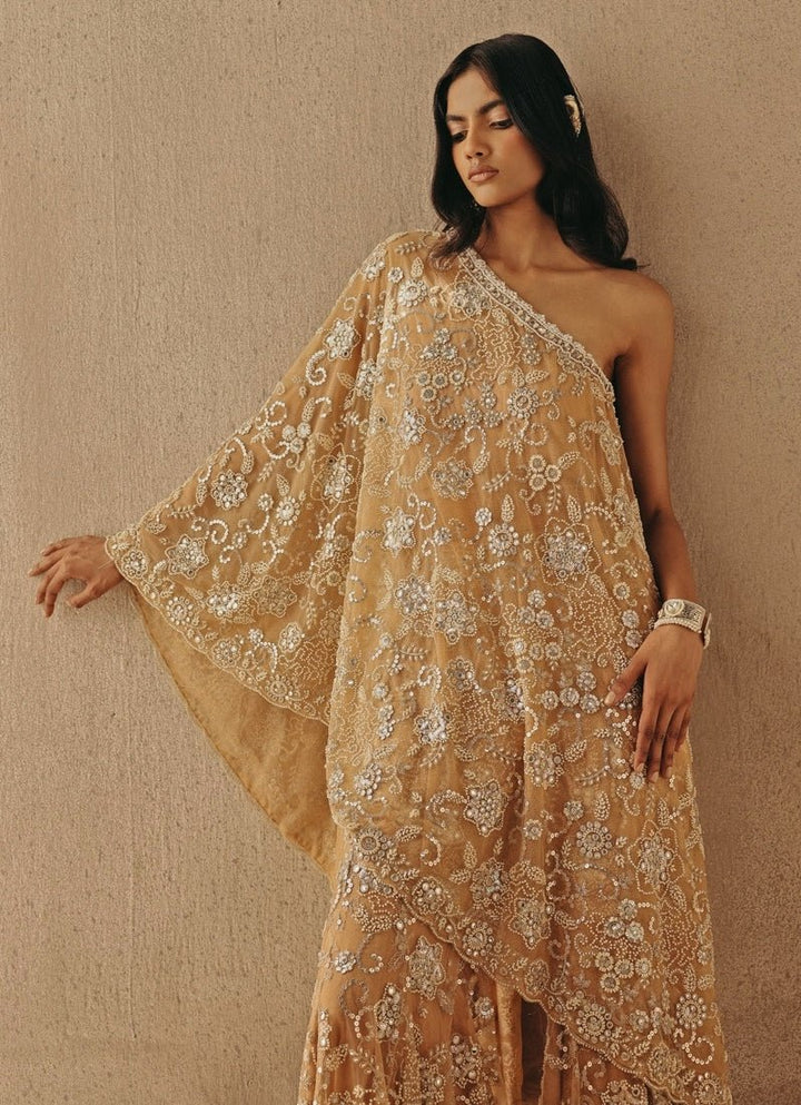 Peach Gold Soft Net One Shoulder Jacket Pants Set Twenty Nine - Fabilicious Fashion