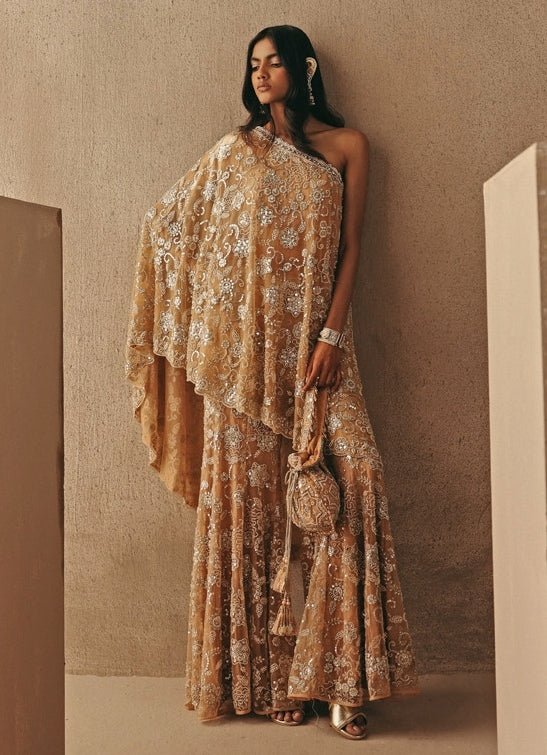 Peach Gold Soft Net One Shoulder Jacket Pants Set Twenty Nine - Fabilicious Fashion