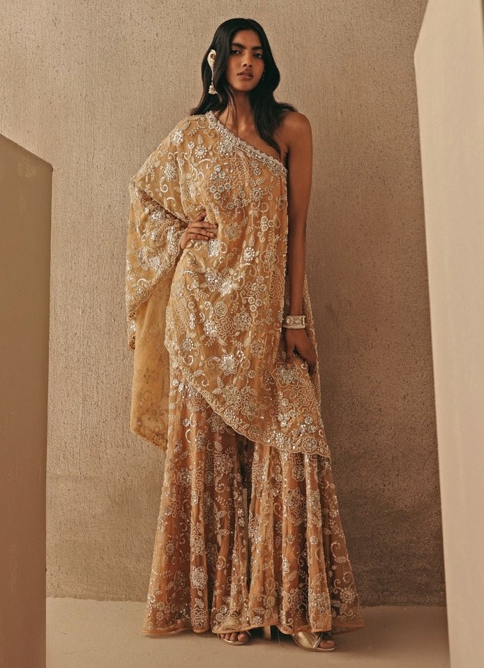 Peach Gold Soft Net One Shoulder Jacket Pants Set Twenty Nine - Fabilicious Fashion