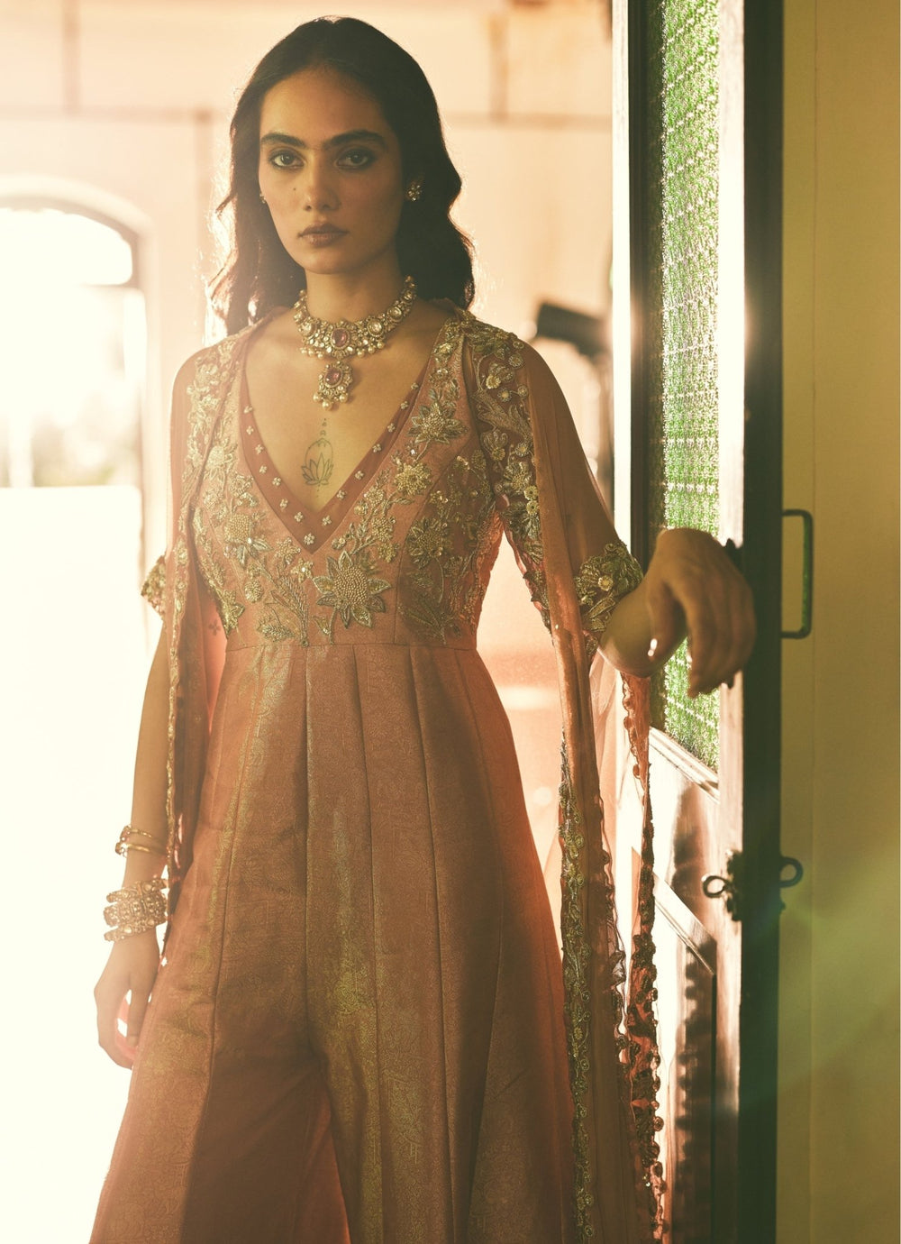 Peach Jacquard Jumpsuit With Cape Paulmi and Harsh - Fabilicious Fashion