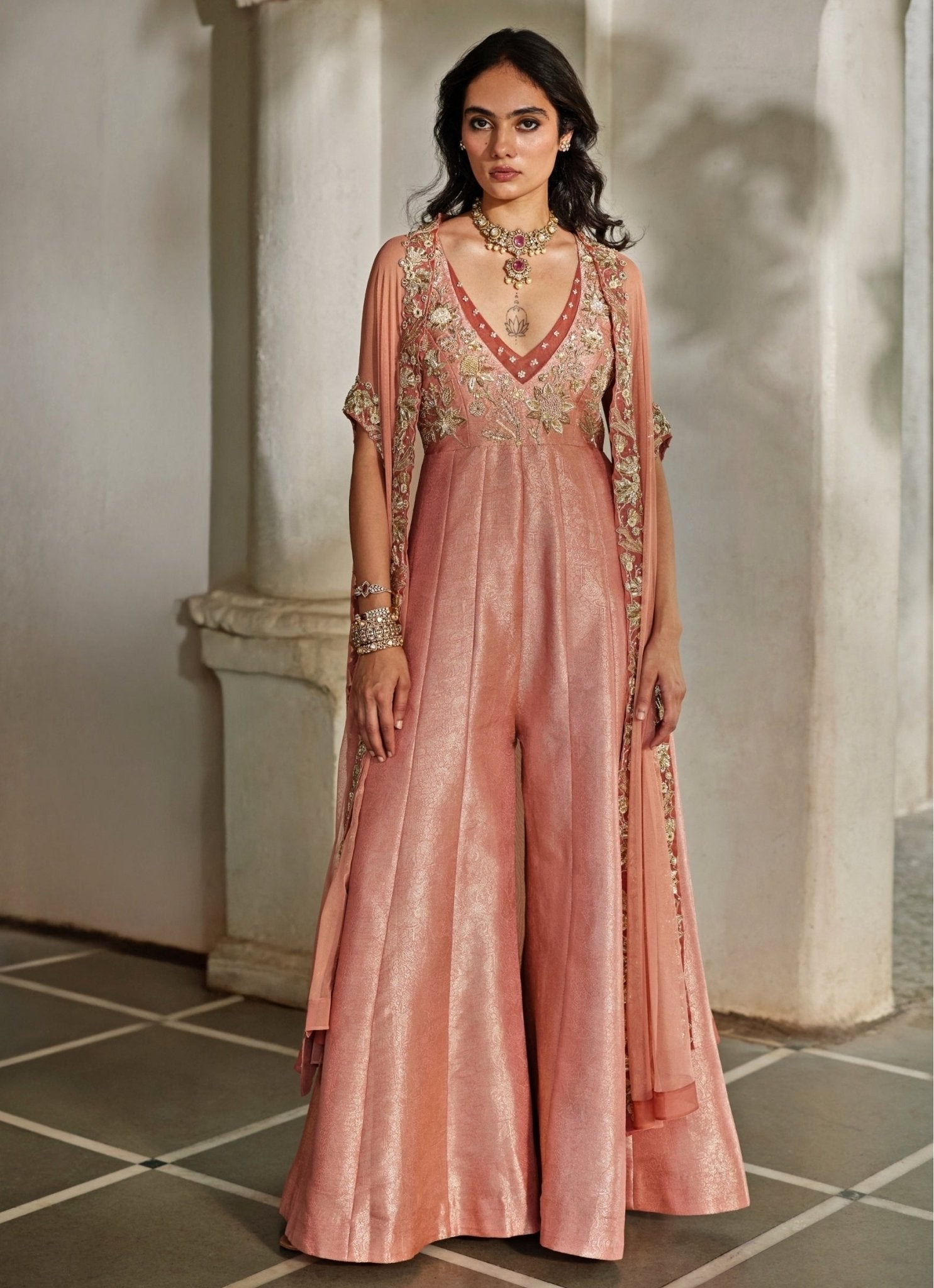Peach jacquard cape indo western jumpsuit for wedding guest dressing
