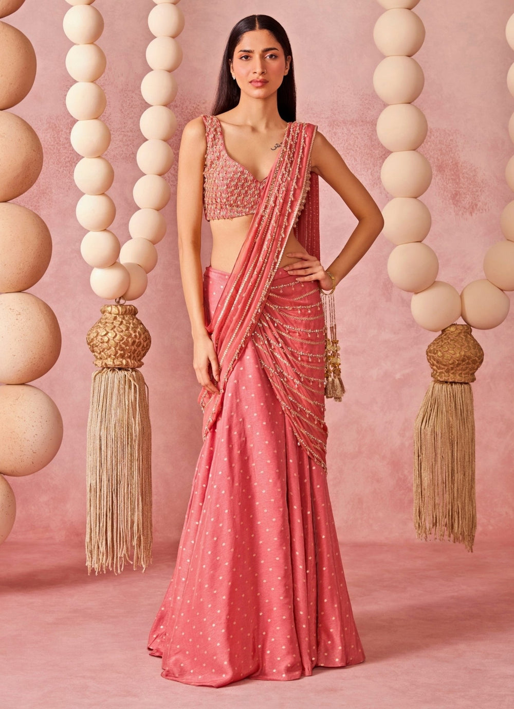 Chamee And Palak Peach Jamewar Organza Pre-Draped SareeFabilicious Fashion