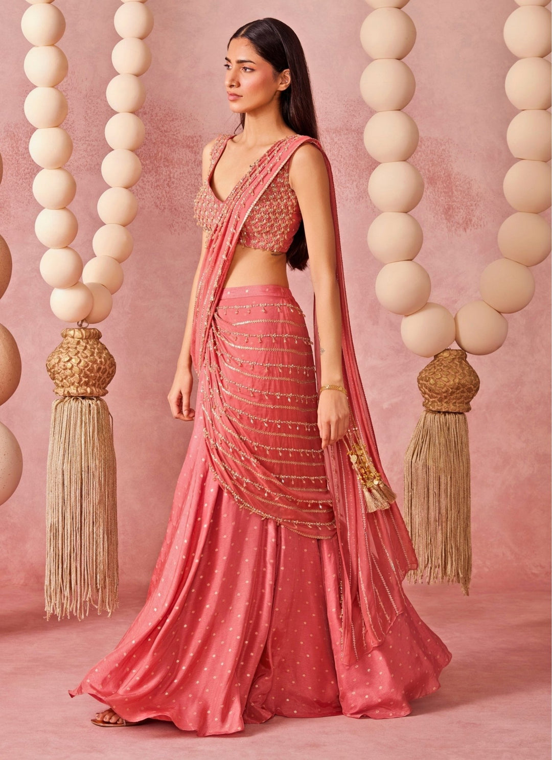 Chamee And Palak Peach Jamewar Organza Pre-Draped SareeFabilicious Fashion
