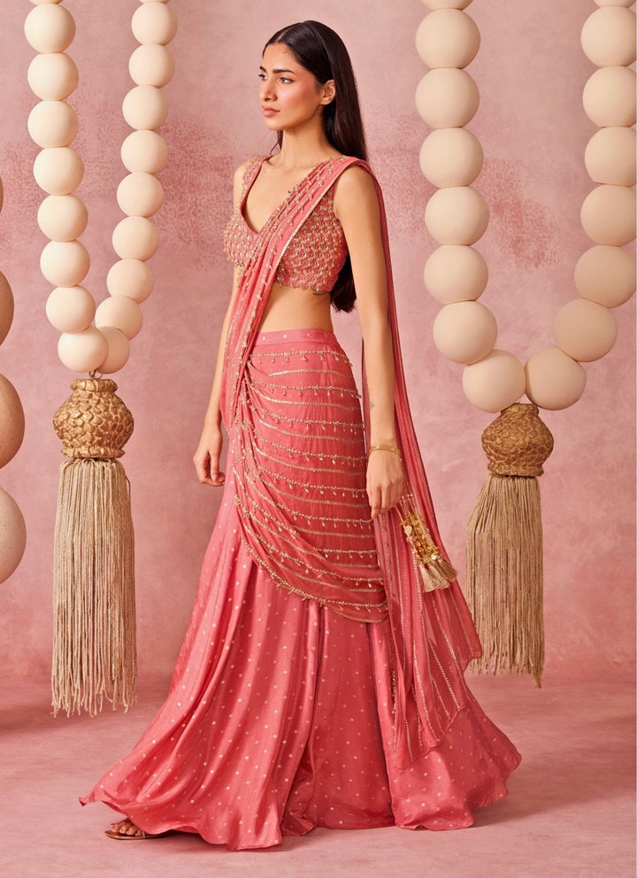 Chamee And Palak Peach Jamewar Organza Pre-Draped SareeFabilicious Fashion