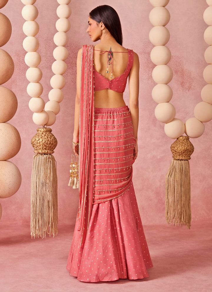 Chamee And Palak Peach Jamewar Organza Pre-Draped SareeFabilicious Fashion