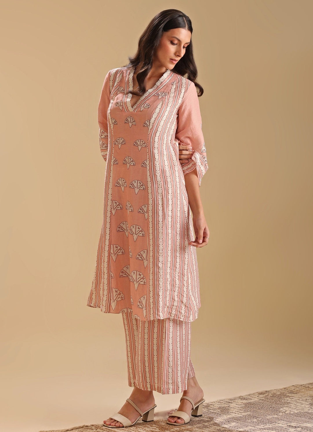Peach Linen Printed Bloom Kurta With Pant Soup By Sougat Paul - Fabilicious Fashion