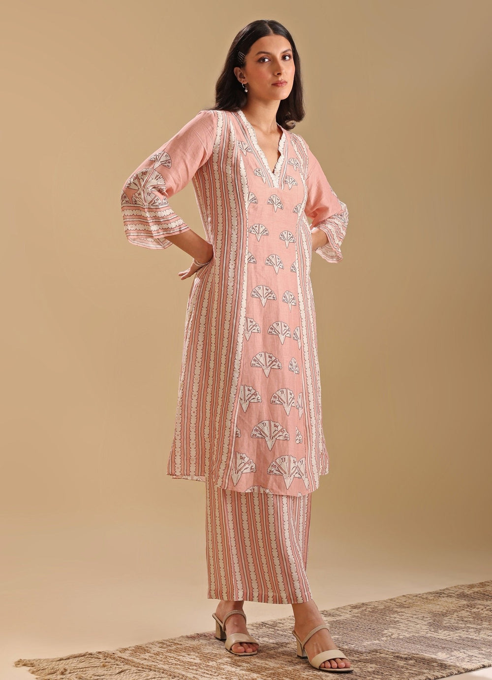 Peach Linen Printed Bloom Kurta With Pant Soup By Sougat Paul - Fabilicious Fashion
