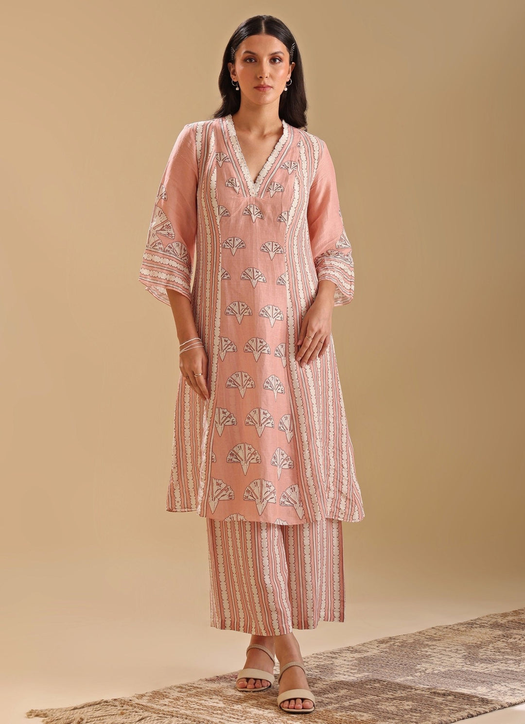 Peach Linen Printed Bloom Kurta With Pant Soup By Sougat Paul - Fabilicious Fashion