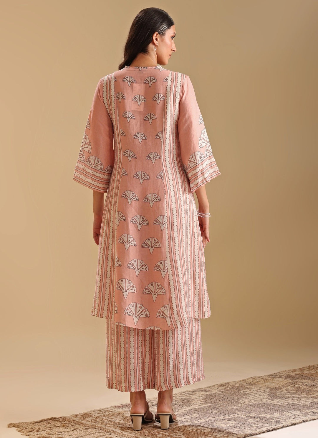 Peach Linen Printed Bloom Kurta With Pant Soup By Sougat Paul - Fabilicious Fashion