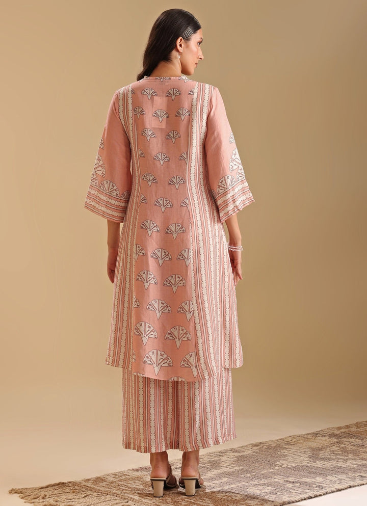 Peach Linen Printed Bloom Kurta With Pant Soup By Sougat Paul - Fabilicious Fashion