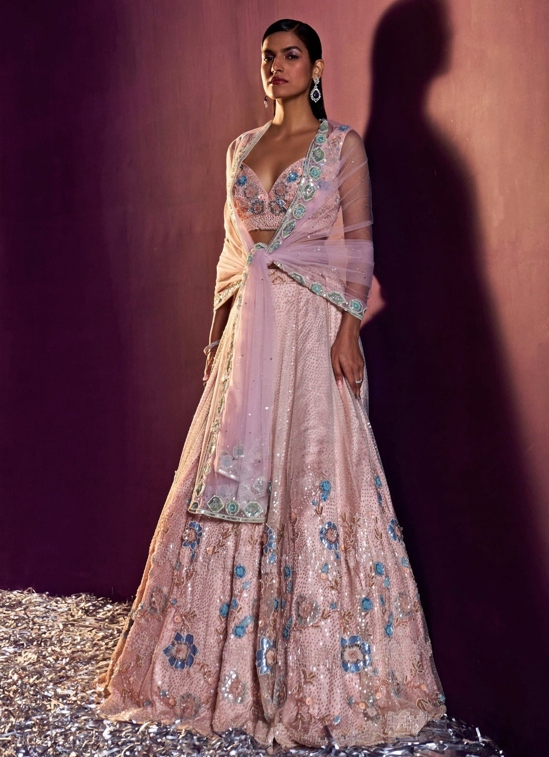 Peach Multi Colour Sequins Embroidered Lehenga Set Angad Singh - Fabilicious Fashion