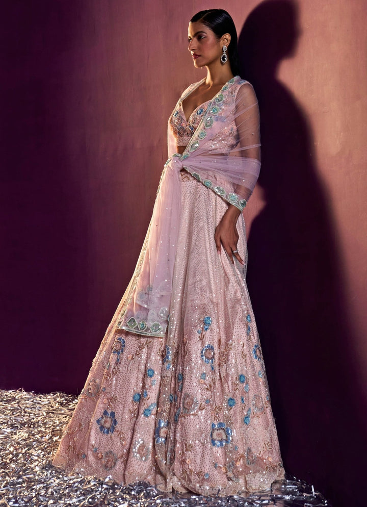 Peach Multi Colour Sequins Embroidered Lehenga Set Angad Singh - Fabilicious Fashion